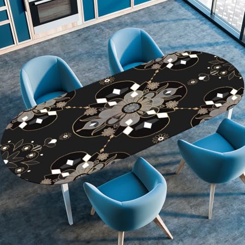 Hixingo Wasserdicht Tischdecke, 3D Böhmisch Tischdecke Abwaschbar, Ovale Arbeitsplatte Abdeckung mit Gummizug Rand für Küche, Esszimmer (Schwarz 1,132x274cm) von Hixingo