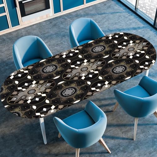 Hixingo Wasserdicht Tischdecke, 3D Böhmisch Tischdecke Abwaschbar, Ovale Arbeitsplatte Abdeckung mit Gummizug Rand für Küche, Esszimmer (Schwarz 2,137x183cm) von Hixingo