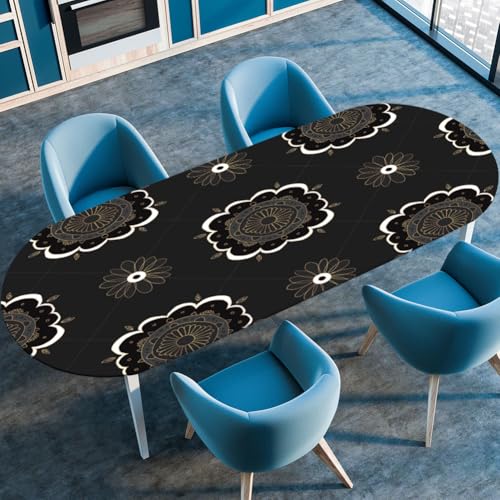 Hixingo Wasserdicht Tischdecke, 3D Böhmisch Tischdecke Abwaschbar, Ovale Arbeitsplatte Abdeckung mit Gummizug Rand für Küche, Esszimmer (Schwarz 3,107x165cm) von Hixingo
