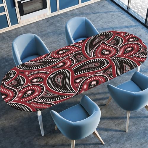 Hixingo Wasserdicht Tischdecke, 3D Böhmisch Tischdecke Abwaschbar, Ovale Arbeitsplatte Abdeckung mit Gummizug Rand für Küche, Esszimmer (Schwarz Rot Paisley,122x183cm) von Hixingo