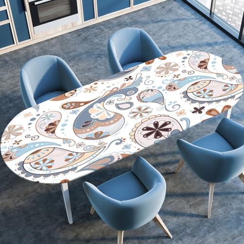 Hixingo Wasserdicht Tischdecke, 3D Böhmisch Tischdecke Abwaschbar, Ovale Arbeitsplatte Abdeckung mit Gummizug Rand für Küche, Esszimmer (Weiß Paisley,122x183cm) von Hixingo