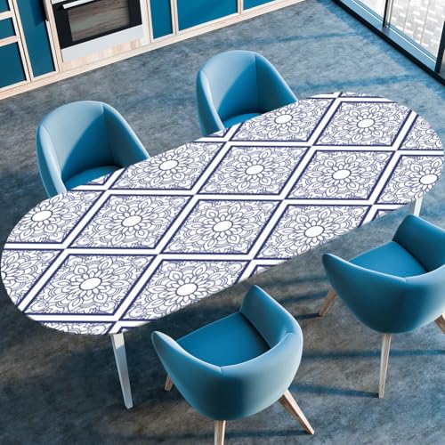 Hixingo Wasserdicht Tischdecke, 3D Böhmisch Tischdecke Abwaschbar, Ovale Arbeitsplatte Abdeckung mit Gummizug Rand für Küche, Esszimmer (White Blue,132x305cm) von Hixingo