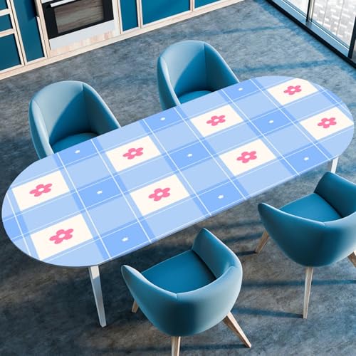 Hixingo Wasserdicht Tischdecke, 3D-Karo Tischdecke Abwaschbar, Ovale Arbeitsplatte Abdeckung mit Gummizug Rand für Küche, Esszimmer (Blau,132x305cm) von Hixingo