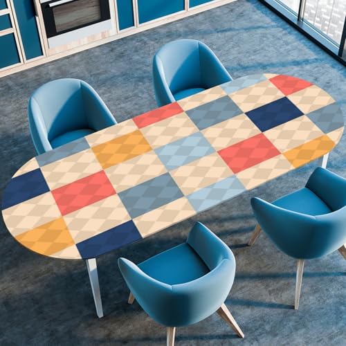 Hixingo Wasserdicht Tischdecke, 3D-Karo Tischdecke Abwaschbar, Ovale Arbeitsplatte Abdeckung mit Gummizug Rand für Küche, Esszimmer (Blau Camel,107x165cm) von Hixingo