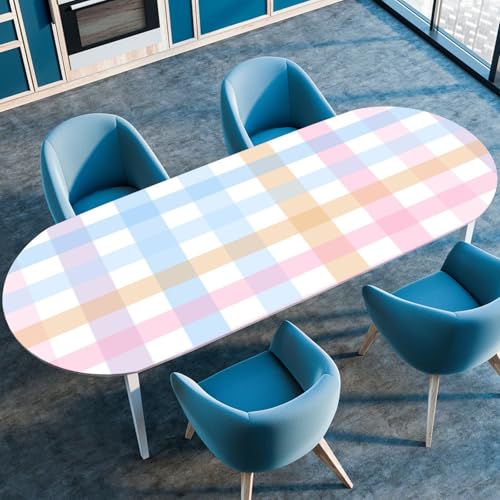 Hixingo Wasserdicht Tischdecke, 3D-Karo Tischdecke Abwaschbar, Ovale Arbeitsplatte Abdeckung mit Gummizug Rand für Küche, Esszimmer (Blau Rosa Khaki,107x152cm) von Hixingo
