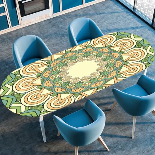 Hixingo Wasserdicht Tischdecke, 3D Mandala Tischdecke Abwaschbar, Ovale Arbeitsplatte Abdeckung mit Gummizug Rand für Küche, Esszimmer (Beige Grün,114x142cm) von Hixingo