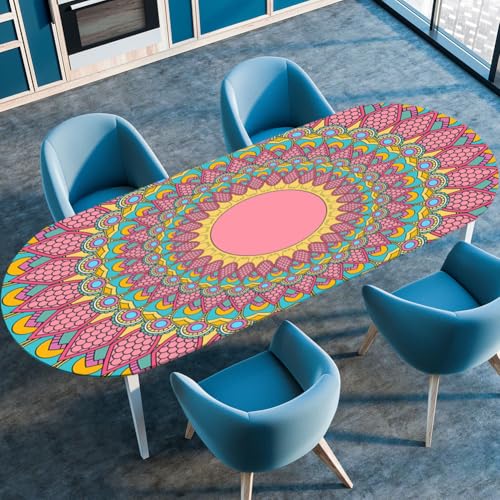Hixingo Wasserdicht Tischdecke, 3D Mandala Tischdecke Abwaschbar, Ovale Arbeitsplatte Abdeckung mit Gummizug Rand für Küche, Esszimmer (Blau Rosa,107x165cm) von Hixingo