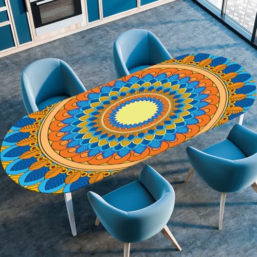 Hixingo Wasserdicht Tischdecke, 3D Mandala Tischdecke Abwaschbar, Ovale Arbeitsplatte Abdeckung mit Gummizug Rand für Küche, Esszimmer (Gelb Orange,137x183cm) von Hixingo