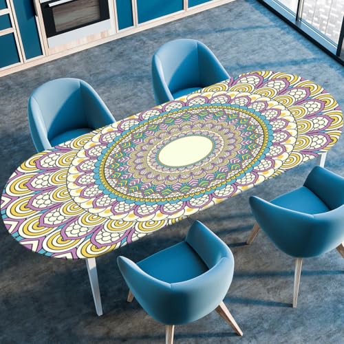 Hixingo Wasserdicht Tischdecke, 3D Mandala Tischdecke Abwaschbar, Ovale Arbeitsplatte Abdeckung mit Gummizug Rand für Küche, Esszimmer (Lila Gelb,91x152cm) von Hixingo