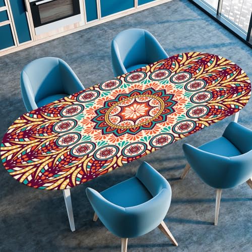Hixingo Wasserdicht Tischdecke, 3D Mandala Tischdecke Abwaschbar, Ovale Arbeitsplatte Abdeckung mit Gummizug Rand für Küche, Esszimmer (Rot Grün,132x305cm) von Hixingo