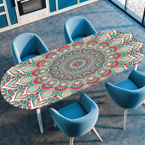 Hixingo Wasserdicht Tischdecke, 3D Mandala Tischdecke Abwaschbar, Ovale Arbeitsplatte Abdeckung mit Gummizug Rand für Küche, Esszimmer (Rot Grün 1,132x305cm) von Hixingo
