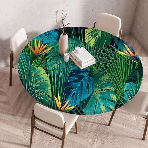 Hixingo Wasserdicht Tischdecke, 3D Tropische Pflanzen Elastisch Tischdecken, Rund Arbeitsplatte Abdeckung mit Gummizug Rand für Küche, Esszimmer, Schlafzimmer (Grün 7,80CM) von Hixingo