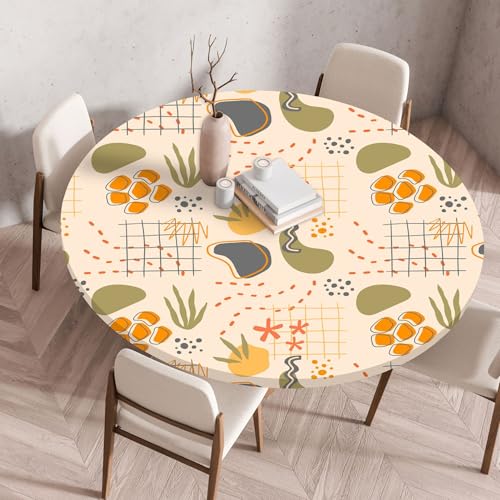 Hixingo Wasserdicht Tischdecke, Abstrakte Blume Blätter Elastisch Tischdecken, Rund Arbeitsplatte Abdeckung mit Gummizug Rand für Küche, Esszimmer, Schlafzimmer (Beige 1,70CM) von Hixingo