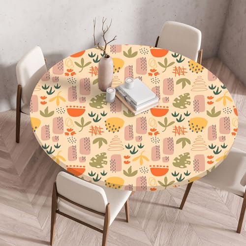 Hixingo Wasserdicht Tischdecke, Abstrakte Blume Blätter Elastisch Tischdecken, Rund Arbeitsplatte Abdeckung mit Gummizug Rand für Küche, Esszimmer, Schlafzimmer (Beige 3,80CM) von Hixingo