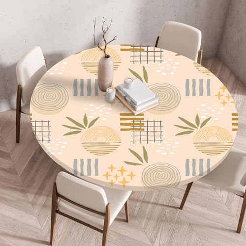 Hixingo Wasserdicht Tischdecke, Abstrakte Blume Blätter Elastisch Tischdecken, Rund Arbeitsplatte Abdeckung mit Gummizug Rand für Küche, Esszimmer, Schlafzimmer (Beige B,130CM) von Hixingo