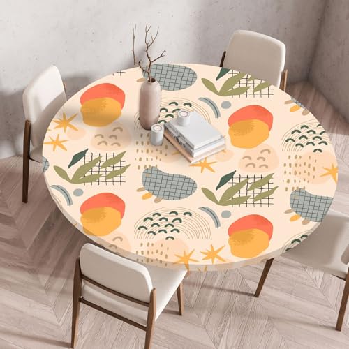 Hixingo Wasserdicht Tischdecke, Abstrakte Blume Blätter Elastisch Tischdecken, Rund Arbeitsplatte Abdeckung mit Gummizug Rand für Küche, Esszimmer, Schlafzimmer (Beige C,130CM) von Hixingo