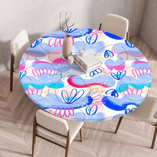 Hixingo Wasserdicht Tischdecke, Abstrakte Blume Blätter Elastisch Tischdecken, Rund Arbeitsplatte Abdeckung mit Gummizug Rand für Küche, Esszimmer, Schlafzimmer (Blau,110CM) von Hixingo