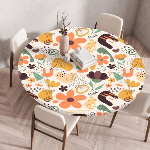 Hixingo Wasserdicht Tischdecke, Abstrakte Blume Blätter Elastisch Tischdecken, Rund Arbeitsplatte Abdeckung mit Gummizug Rand für Küche, Esszimmer, Schlafzimmer (Gelb Braun,60CM) von Hixingo