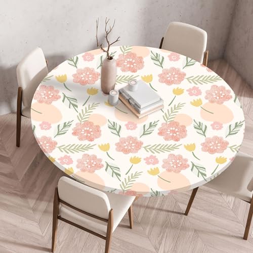 Hixingo Wasserdicht Tischdecke, Abstrakte Blume Blätter Elastisch Tischdecken, Rund Arbeitsplatte Abdeckung mit Gummizug Rand für Küche, Esszimmer, Schlafzimmer (Hellrosa,70CM) von Hixingo