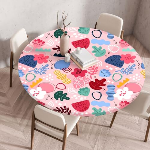 Hixingo Wasserdicht Tischdecke, Abstrakte Blume Blätter Elastisch Tischdecken, Rund Arbeitsplatte Abdeckung mit Gummizug Rand für Küche, Esszimmer, Schlafzimmer (Rosa,80CM) von Hixingo