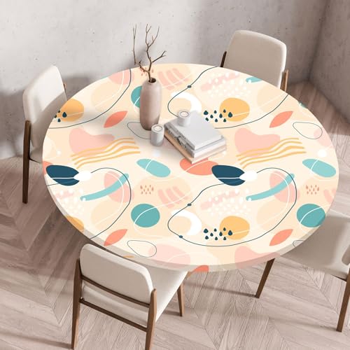 Hixingo Wasserdicht Tischdecke, Abstrakte Blume Blätter Elastisch Tischdecken, Rund Arbeitsplatte Abdeckung mit Gummizug Rand für Küche, Esszimmer, Schlafzimmer (Rosa Gelb,150CM) von Hixingo