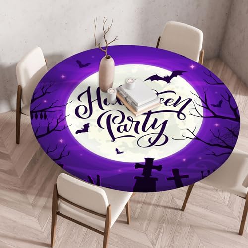 Hixingo Wasserdicht Tischdecke, Halloween Druck Elastisch Tischdecken, Rund Arbeitsplatte Abdeckung mit Gummizug Rand für Küche, Esszimmer, Schlafzimmer (Fledermaus,60CM) von Hixingo