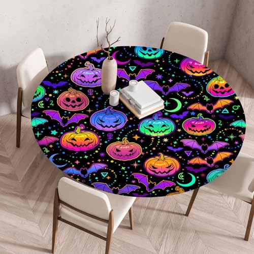 Hixingo Wasserdicht Tischdecke, Halloween Druck Elastisch Tischdecken, Rund Arbeitsplatte Abdeckung mit Gummizug Rand für Küche, Esszimmer, Schlafzimmer (Kürbisfledermaus,70CM) von Hixingo