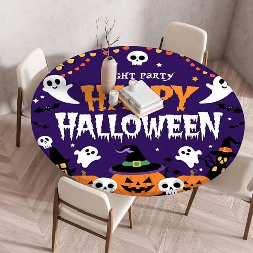 Hixingo Wasserdicht Tischdecke, Halloween Druck Elastisch Tischdecken, Rund Arbeitsplatte Abdeckung mit Gummizug Rand für Küche, Esszimmer, Schlafzimmer (Kürbisgeist,70CM) von Hixingo