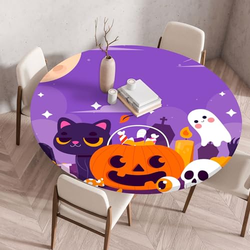 Hixingo Wasserdicht Tischdecke, Halloween Druck Elastisch Tischdecken, Rund Arbeitsplatte Abdeckung mit Gummizug Rand für Küche, Esszimmer, Schlafzimmer (Kürbiskopf,90CM) von Hixingo
