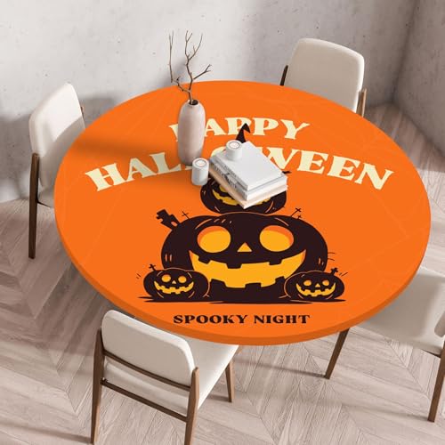 Hixingo Wasserdicht Tischdecke, Halloween Druck Elastisch Tischdecken, Rund Arbeitsplatte Abdeckung mit Gummizug Rand für Küche, Esszimmer, Schlafzimmer (Orange,60CM) von Hixingo
