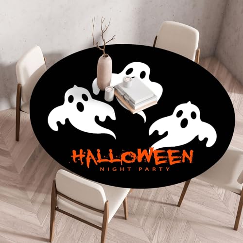 Hixingo Wasserdicht Tischdecke, Halloween Druck Elastisch Tischdecken, Rund Arbeitsplatte Abdeckung mit Gummizug Rand für Küche, Esszimmer, Schlafzimmer (Schwarzer Geist,60CM) von Hixingo