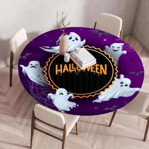 Hixingo Wasserdicht Tischdecke, Halloween Druck Elastisch Tischdecken, Rund Arbeitsplatte Abdeckung mit Gummizug Rand für Küche, Esszimmer, Schlafzimmer (Schwarzes Violett 1,60CM) von Hixingo