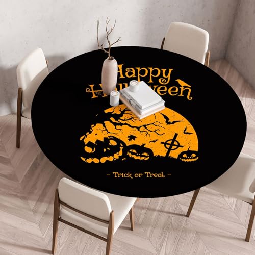 Hixingo Wasserdicht Tischdecke, Halloween Druck Elastisch Tischdecken, Rund Arbeitsplatte Abdeckung mit Gummizug Rand für Küche, Esszimmer, Schlafzimmer (Schwarzes Violett 1,80CM) von Hixingo