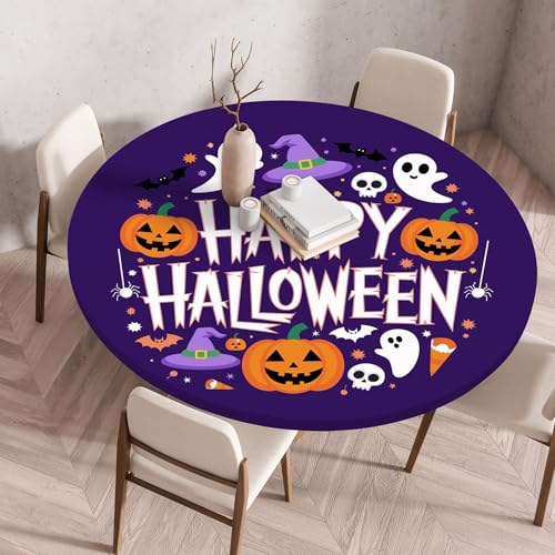 Hixingo Wasserdicht Tischdecke, Halloween Druck Elastisch Tischdecken, Rund Arbeitsplatte Abdeckung mit Gummizug Rand für Küche, Esszimmer, Schlafzimmer (Violett 1,60CM) von Hixingo