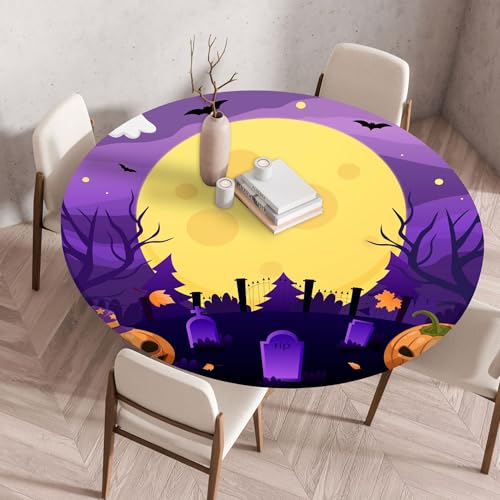 Hixingo Wasserdicht Tischdecke, Halloween Druck Elastisch Tischdecken, Rund Arbeitsplatte Abdeckung mit Gummizug Rand für Küche, Esszimmer, Schlafzimmer (Violett 2,60CM) von Hixingo
