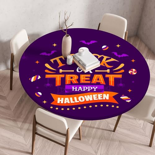 Hixingo Wasserdicht Tischdecke, Halloween Druck Elastisch Tischdecken, Rund Arbeitsplatte Abdeckung mit Gummizug Rand für Küche, Esszimmer, Schlafzimmer (Violett 3,90CM) von Hixingo