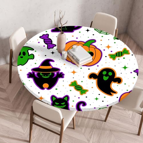 Hixingo Wasserdicht Tischdecke, Halloween Druck Elastisch Tischdecken, Rund Arbeitsplatte Abdeckung mit Gummizug Rand für Küche, Esszimmer, Schlafzimmer (Weißer Geist,100CM) von Hixingo
