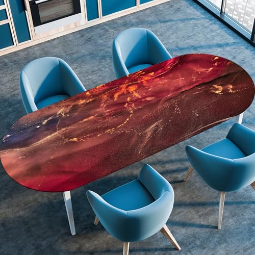Hixingo Wasserdicht Tischdecke, Marmor-Druck Tischdecke Abwaschbar, Ovale Arbeitsplatte Abdeckung mit Gummizug Rand für Küche, Esszimmer (Rot 2,107x152cm) von Hixingo