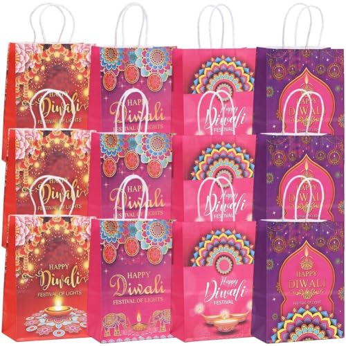 HiyyFloy 12 Stück Diwali-geschenktüten Griffen, Große Happy Diwali-leckerli-tüten, Diwali-Goody-papiertüten Für Diwali-partygeschenke, Dekoration, Süßigkeiten, Geschenkbehälter von HiyyFloy