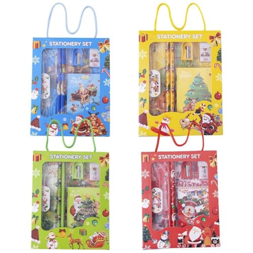 HiyyFloy 4-teiliges Weihnachtsschreibwarenset Für Kinder, Bleistiftspitzer, Radiergummi, Lineal, Mini-notizbuch, Weihnachtsfeier, Klassenzimmer, Geschenkaustausch, Schulpreise von HiyyFloy