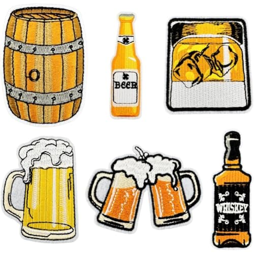 HiyyFloy 6 Stück Bier-aufnäher Zum Aufbügeln, Whiskey, Cheers, Becher, Flasche, Alkoholisches Getränk, Zum Aufnähen, Reparatur, Bestickte Applikation, Oktoberfest, Deutsches Bayerisches Festival, von HiyyFloy