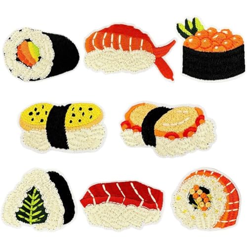 HiyyFloy 8 Stück Aufnäher Zum Aufbügeln, Süßes Japanisches Sushi, Zum Aufnähen, Bestickte Applikation Für Kleidung, Jacken, Rucksäcke, Hüte, DIY-kleidungszubehör HiyyFloy 8 Stück Aufnäher Zum Aufbügeln, Süßes Japanisches Sushi, Zum Aufnähen, Bestickte Applikation Für Kleidung, Jacken, Rucksäcke, Hüte, DIY-kleidungszubehör von HiyyFloy