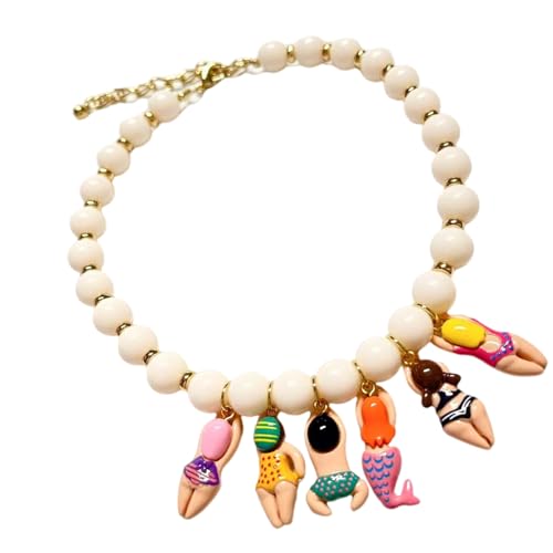 Hkfgdjdl Kreative handgefertigte Halskette mit Bikinis-Puppen-Anhänger mit bunten Glasperlen für Kinder, Strandpartys, Zubehör von Hkfgdjdl
