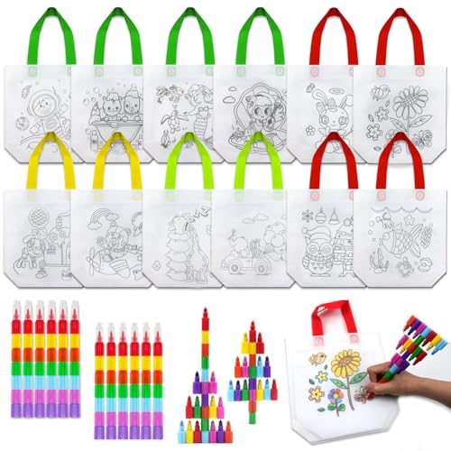 Hmfmdy Kinder Stoffbeutel Set, 12 Stück Stoffbeutel zum Bemalen für Kinder, 12 Stück Stapelbare Wachsmalstifte (7 Farben in 1), DIY Graffiti Stoffbeutel zum Bemalen für Kindergeburtstag Gastgeschenke von Hmfmdy