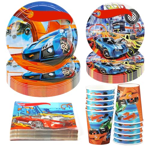 Hmfmdy Rennauto Partygeschirr Set, 50 Stück Racing car Party Deko, Rennauto Geburtstag Geschirr Kit, Mit Pappteller Becher Servietten, Autos Kindergeburtstag Party Geschirr Supplies für 10 Gäste von Hmfmdy