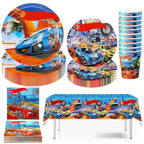 Hmfmdy Rennauto Partygeschirr Set, 51 Stück Racing car Party Deko, Rennauto Geburtstag Geschirr Kit, Mit Pappteller Becher Servietten, Autos Kindergeburtstag Party Geschirr Supplies für 10 Gäste - B von Hmfmdy
