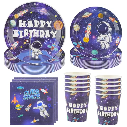 Hmfmdy Weltraum Partygeschirr Set, 50 Stück Astronaut Party Deko, Weltraum Raketen Geburtstag Geschirr Kit Mit Pappteller Becher Servietten, Party Geschirr Supplies für 10 Gäste von Hmfmdy