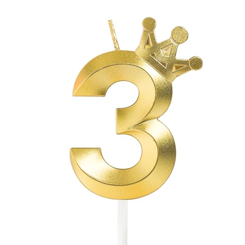 Geburtstagskerzen mit der Zahl 3, Feuerwerk, Wunderkerzen für Geburtstagskuchen, 3D-Kronen-Design-Kerzenaufsatz, Dekorationen (Gold, 8 cm) von Hmxpls