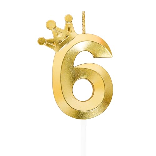 Geburtstagskerzen mit der Zahl 6, Feuerwerk, Wunderkerzen für Geburtstagskuchen, 3D-Kronen-Design-Kuchenaufsatz, Dekorationen (Gold, 8 cm) von Hmxpls