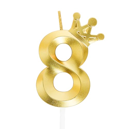 Geburtstagskerzen mit der Zahl 8, Feuerwerk, Wunderkerzen für Geburtstagskuchen, 3D-Kronen-Design-Kerzenaufsatz, Dekorationen (Gold, 8 cm) von Hmxpls